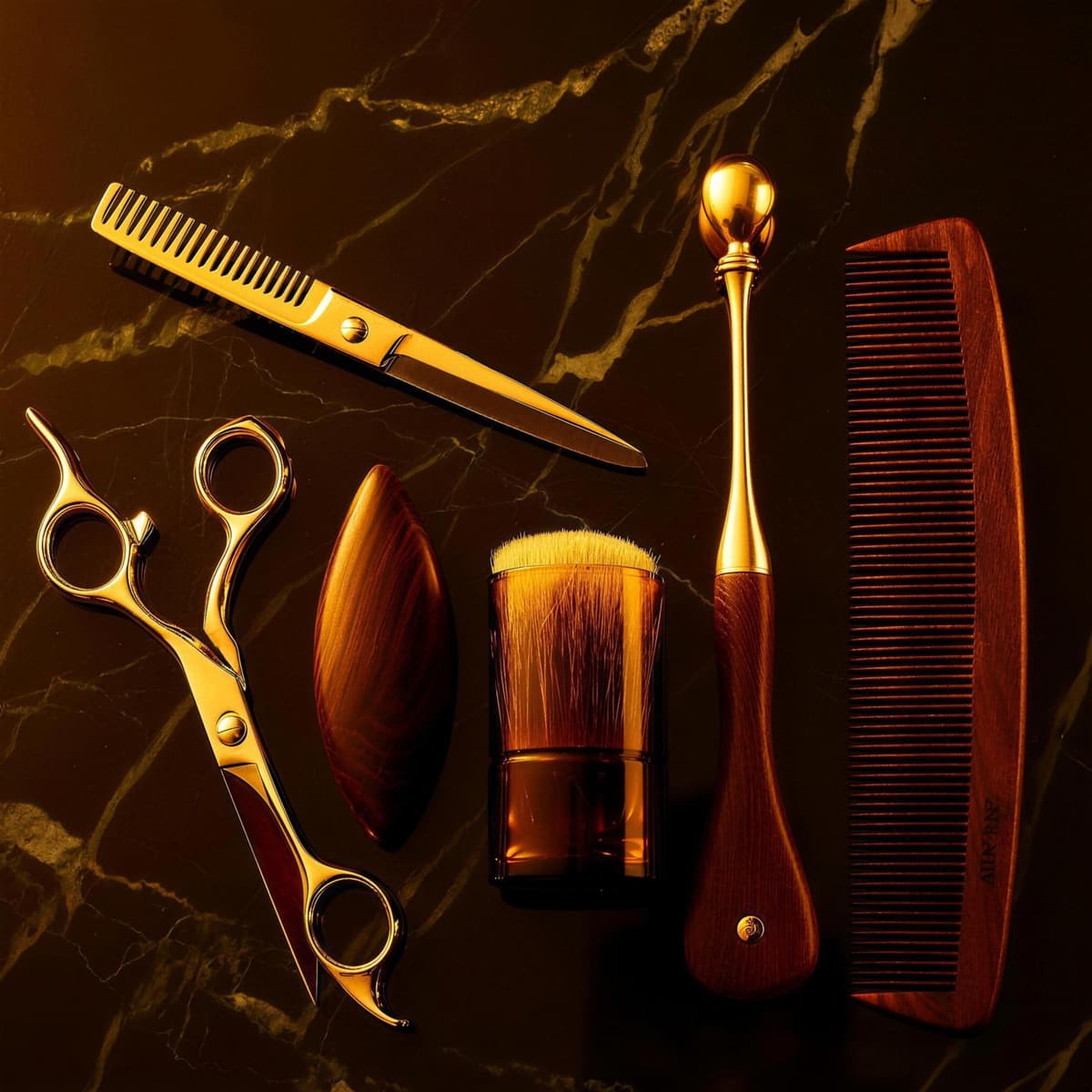 Barberarverktyg — sax, kniv och skäggolja
